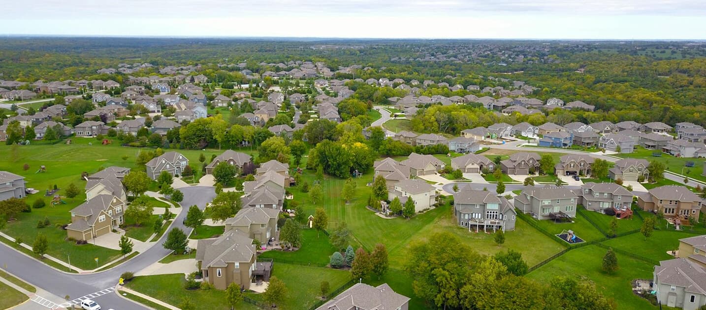 Aerial view of suburban neighborhood