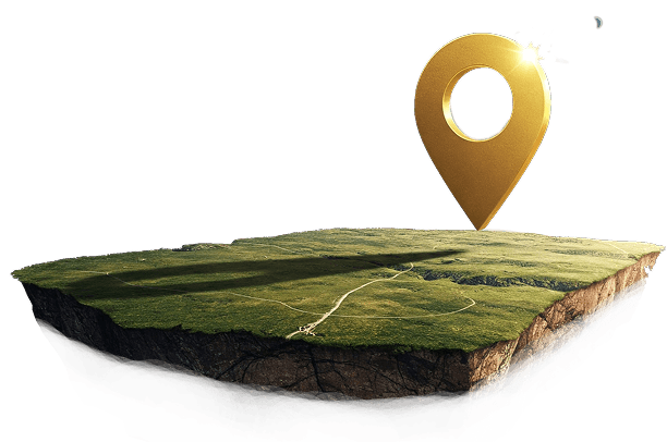 Floating island graphic with location pin